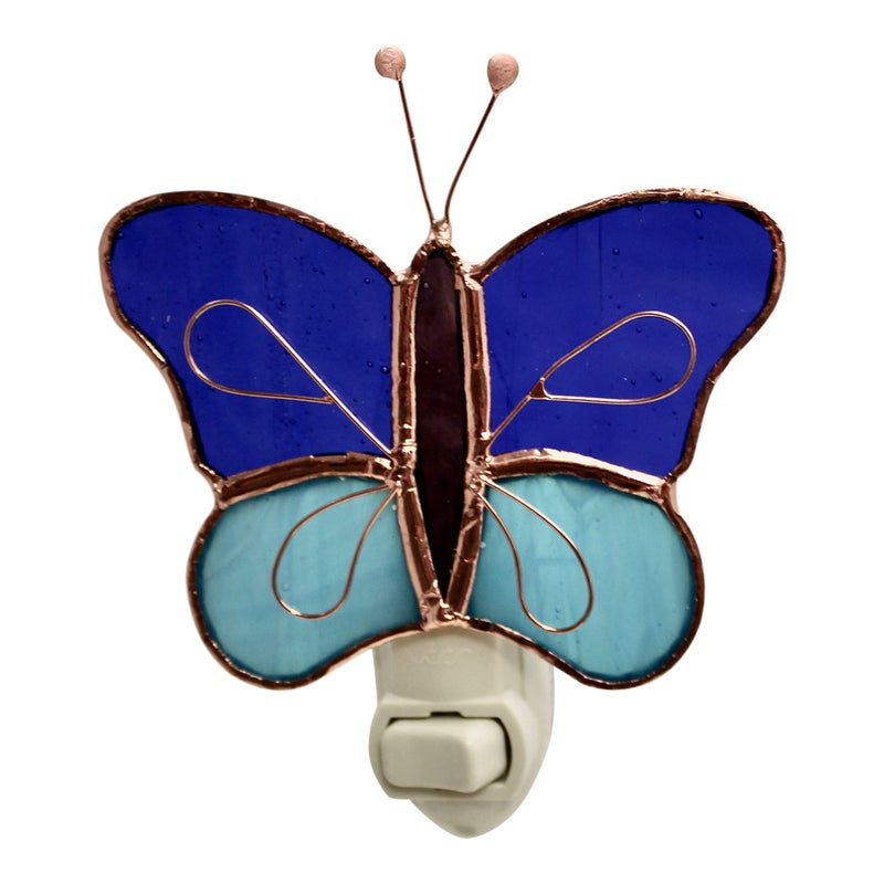 Gift Essentials Blue and Aqua Butterfly Plug in Night Light - Stained Glass Nightlight with On/Off Rocker Switch - Includes One 4 Watt Replaceable Incandescent Warm Glow Bulb - Image 1